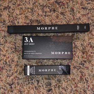 morphe brow gel, black eyeliner, eyeshadow palette
